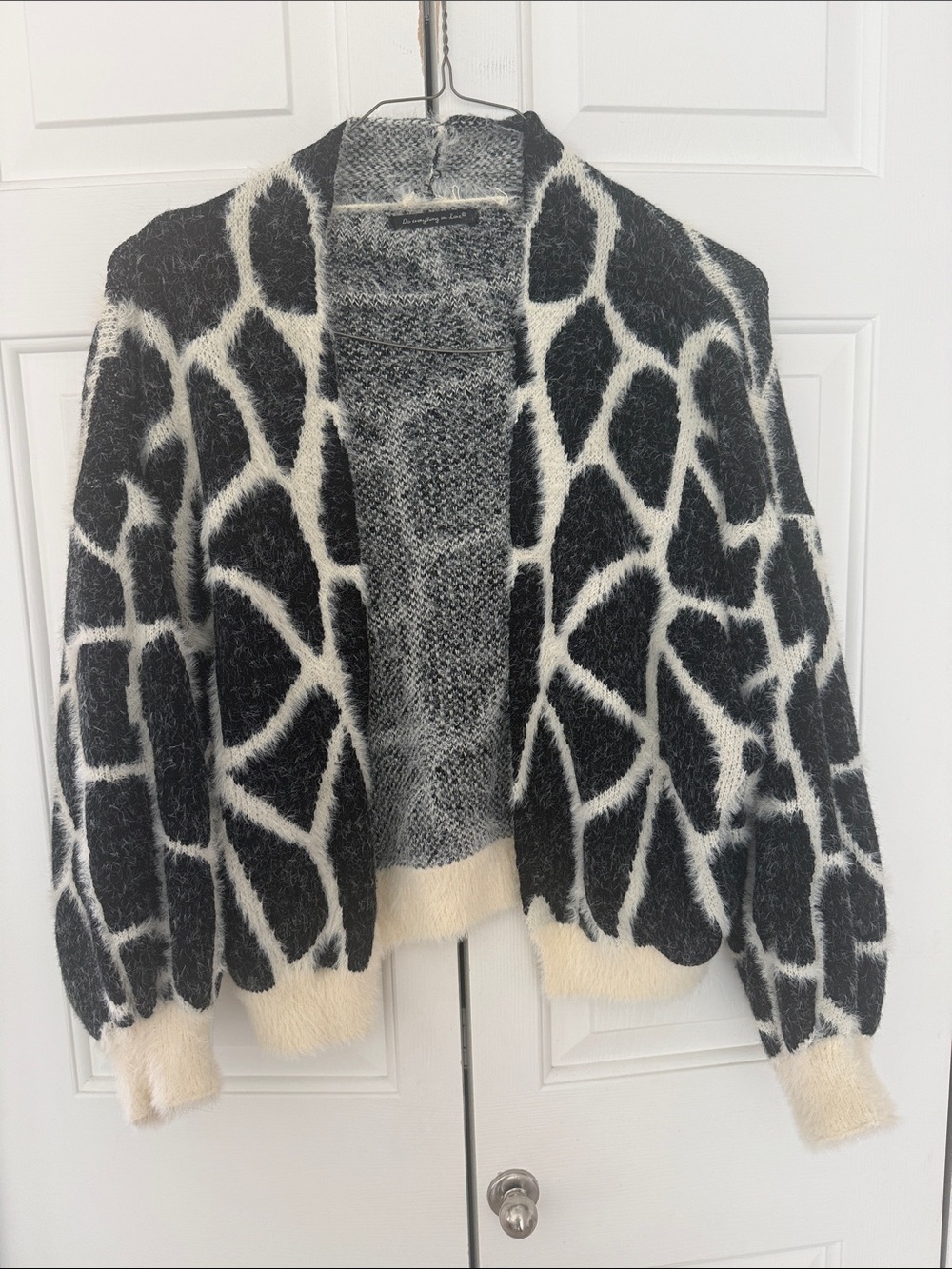 Cozy Black & Cream Giraffe Patterned Open-Front Cardigan Sweater